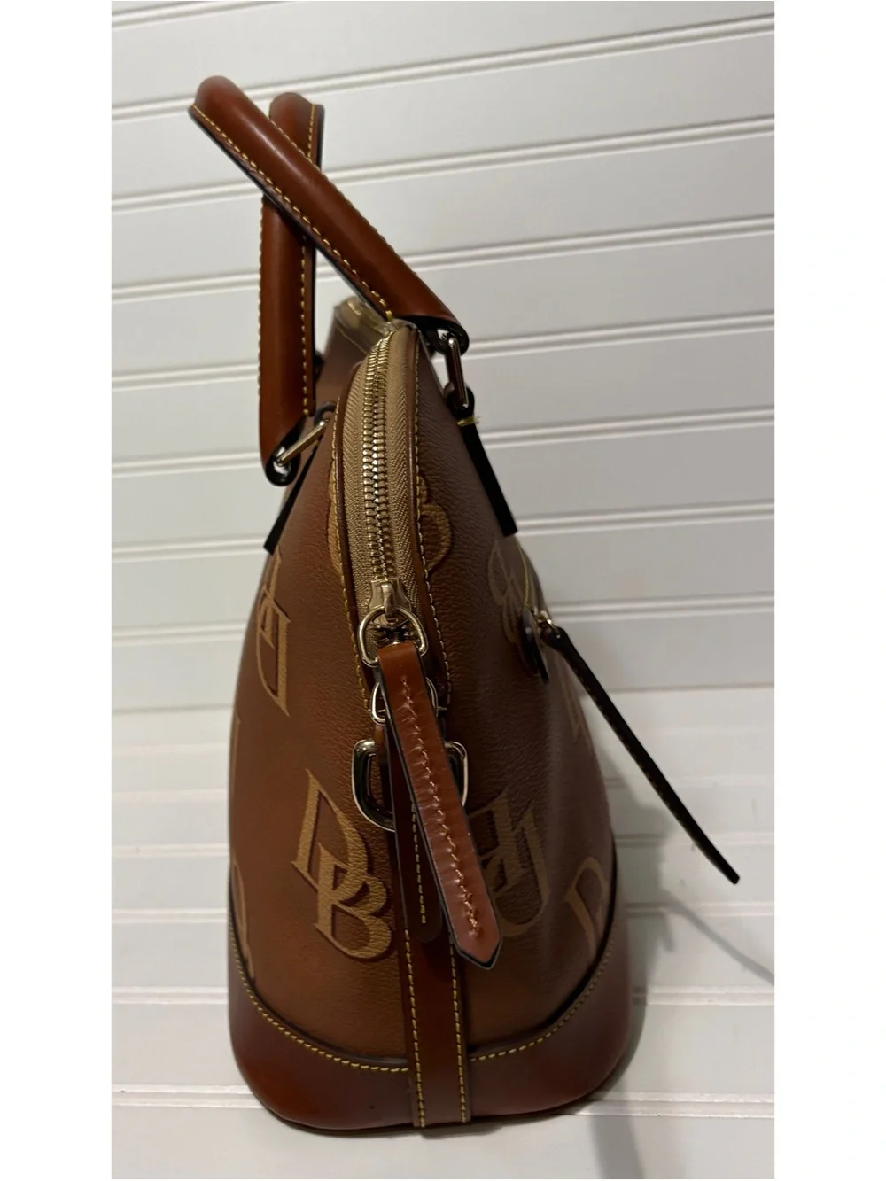 Dooney & Bourke DB Monogram Leather Brown Domed Satchel Shoulder Bag Purse Tote